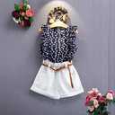 Baby Toddler Girls Summer Outfits 2-7 Years Kids Flower Print T-Shirt Sleeveless Top Belt Shorts Pants Set (Blue)
