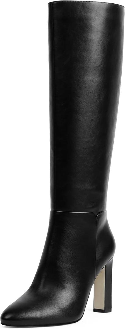 Women Knee High Boots Almond Toe Chunky Block High Heel Side Zipper Long Boots for Women (7, Black)