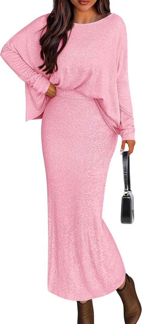 PRETTYGARDEN Women's Fall 2026 Two Piece Matching Skirt Sets Long Sleeve Tops Maxi Long Slit Bodycon Skirts Vacation Outfits (Pink, XL)