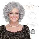 Grandma Wig And Accessories for Old Lady Costume Grey Curly Granny Wigs for Women 100 Days of School Sliver Synthetic Wigs For Cosplay Halloween Party Use(Gray Wig 5pcs Set)