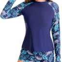Long Sleeve Rash Guard Swimsuit for Women Two Piece Bathing Suit with Boyshorts Swimming Suits for Women (Large, 2green Leaf)