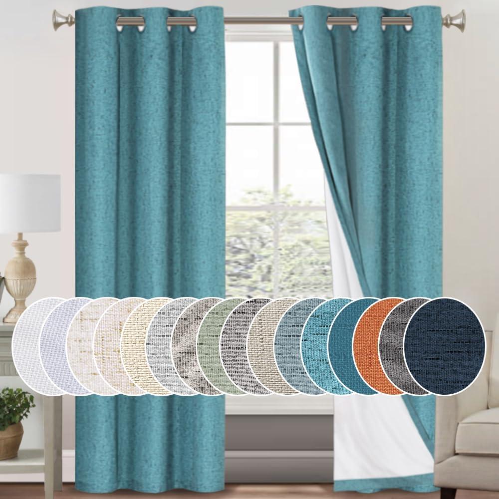 PrinceDeco Teal Blue 100% Blackout Linen Textured Curtains for Bedroom Thermal Insulated Grommet Room Darkening Curtains & Drapes for Living Room Nursery 42 x 84 Inch (2 Panels)