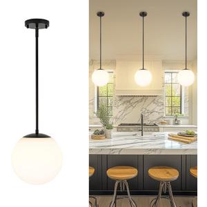 LMS 10 Inch Globe Pendant Lights, Matte Black Mid Century Kitchen Island Light Fixtures with White Globe Glass Shade, Adjustable Hanging Rod, Bar Kitchen Bedroom, LMS-186PL-BKW-10