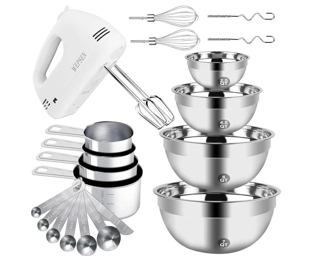 Hand Mixer Electric Mixing Bowls Set, 5 Speeds Handheld Mixer with 4 Nesting Stainless Steel Mixing Bowl, Measuring Cups Spoons 200W Kitchen Blender Whisk Beater Baking Supplies For Beginner