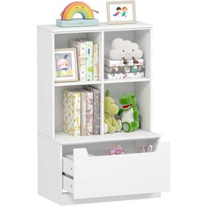 UTEX Kids Bookshelf and Toy Storage Organizer, Toddlers Bookcase with Cubbies, Adjustable Wood Shelf with Drawer for Bedroom, Playroom, Nursery, White
