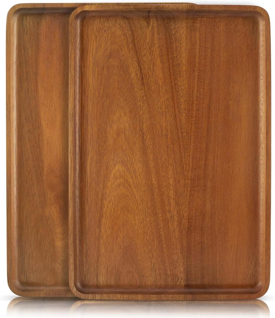 2 PCS 13 x 9 in Solid Acacia Wood Serving Trays Rectangular Wooden Serving Platters Natural Wooden Boards for Bar Coffee Party (Brown)