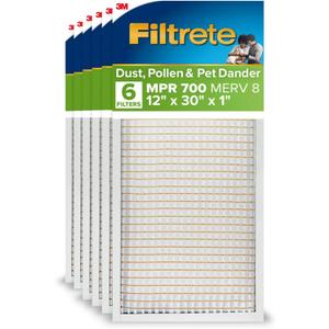 Filtrete 12x30x1 AC Furnace Air Filter, MPR 700, MERV 8, Tough on Pollen, Easy on Airflow, 3-Month Pleated 1-Inch Electrostatic Air Cleaning Filter, 6-Pack (Actual Size 11.81 x 29.81 x 0.81 in)