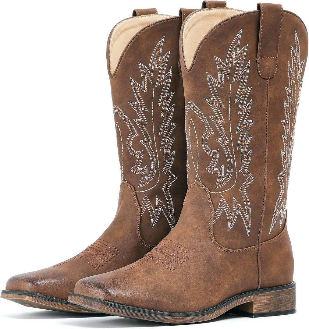 IUV Cowboy Boots For Women Square Toe Wide Western Boots Mid Calf Cowgirl Boots Pull On Embroidered Brown Cowboy Boots