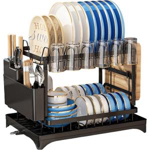 Dish Drying Rack, 2-Tier Large Dish Racks for Kitchen Counter, Metal Dish Drainers with Drainboard & Utensil Holder, Stainless Steel Cup/Dishes Drying Racks Kitchen Sink Dry Rack Plates Organizer