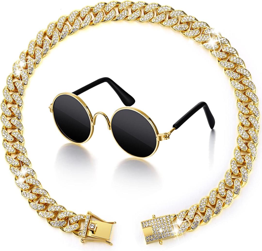 Xuniea 2 Pieces Cat Dog Chain Collar and Sunglasses Set Rhinestone Collar with Secure Buckle Round Glasses (Gold, Black,10 Inch)
