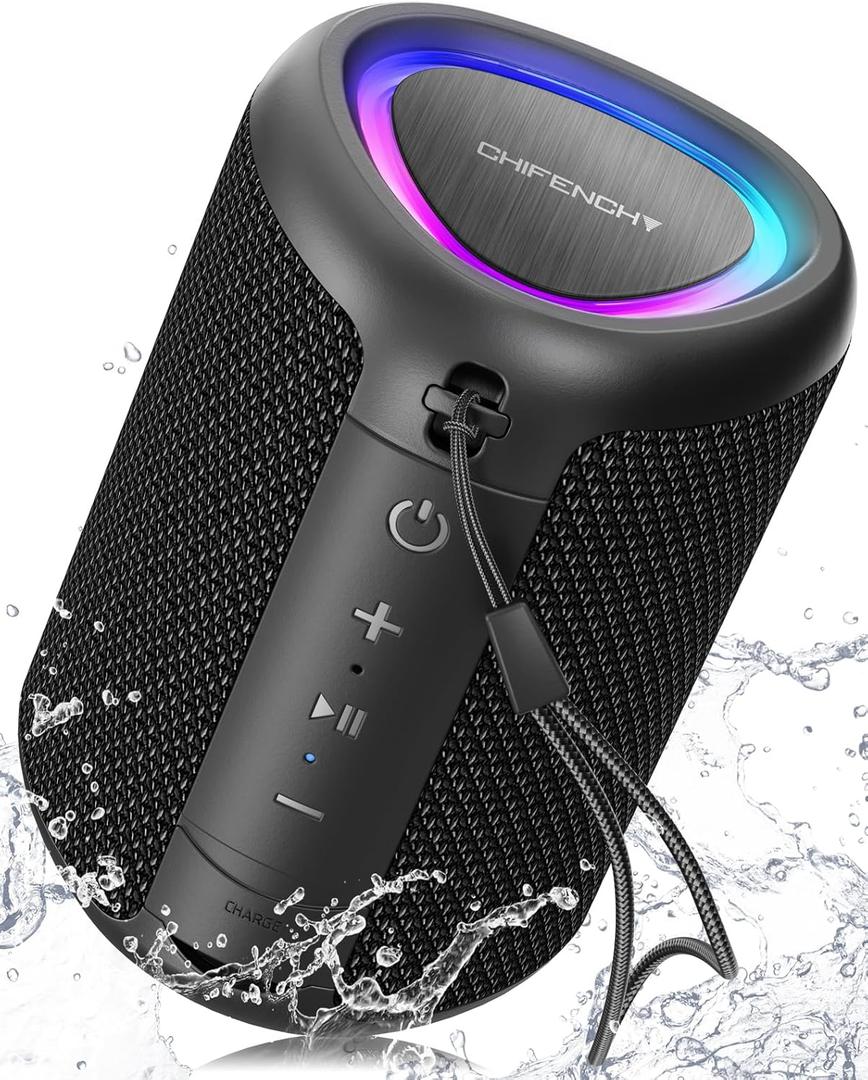 Portable Bluetooth Speaker with Lights, Stocking Stuffers, Powerful Crystal Clear Sound, IPX5 Waterproof, All Day Playtime, BT 5.3, TWS Paring, Small Wireless Speaker for Outdoor, White Elephant Gifts (Black)
