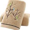 Pidada Hand Towels Set of 2 Embroidered Bird Tree Pattern 100% Cotton Absorbent Soft Decorative Towel for Bathroom (Brown)