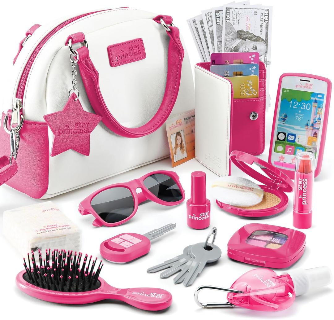 Star Princess Pretend Play Purse Set for Girls  Realistic Purse with Accessories: Toy Phone, Wallet, Credit Cards, Keys, Makeup for Role Playing Toys for Girls Ages 38