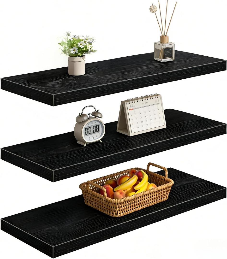 Vervida Floating Shelves, 35.4 inch Wall Mounted Rustic Wood Shelves for Bathroom, Bedroom, Living Room, Kitchen, Office, Hanging Shelf for Books/Storage/Decor(Black, Set of 3)