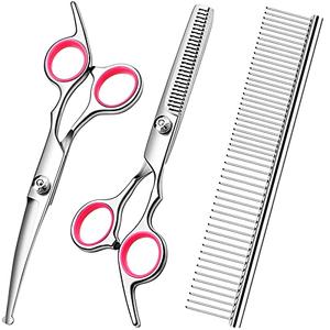 FAIGEO Dog Grooming Scissors with Safety Round Tips Stainless Steel Professional Dog Grooming Kit - Thinning, Curved Scissors and Comb for Cat Pet (Pink 4 in 1)