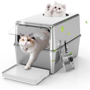 Stainless Steel Litter Box with Lid, Enclosed Metal with High Sides, Large Cat Litter Box, Dog-Proof, Odor Control, Easy to Clean,Durable with Round Edge (Front Opening)