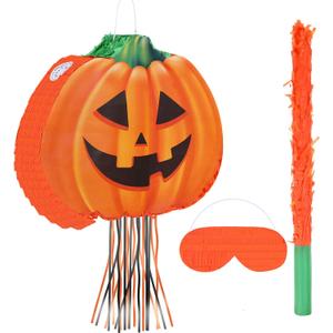 Aoriher Halloween Pumpkin Piata Pull String Pumpkin Piata with Stick and Blindfold Halloween Hanging Decoration Mexican Game Fall Party Supplies