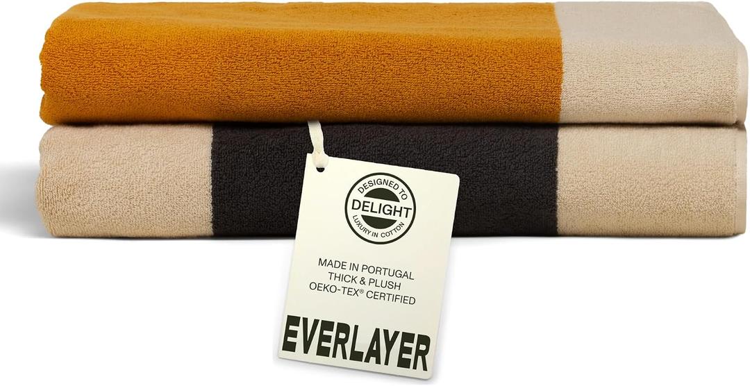 Everlayer Luxury Bath Sheets - Reversible 2 in 1 Design, 35"x 70", Sets of 2, 550 GSM - 100% Combed Cotton, Ultra Soft, Thick & Plush Bath Sheets, Made in Portugal (Amber Charcoal-Janus)