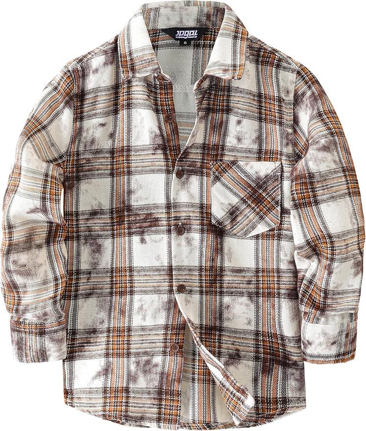 JOGAL Boys Plaid Shirt Long Sleeve Flannel Shirt Kids Button Down Shirts Beige 10