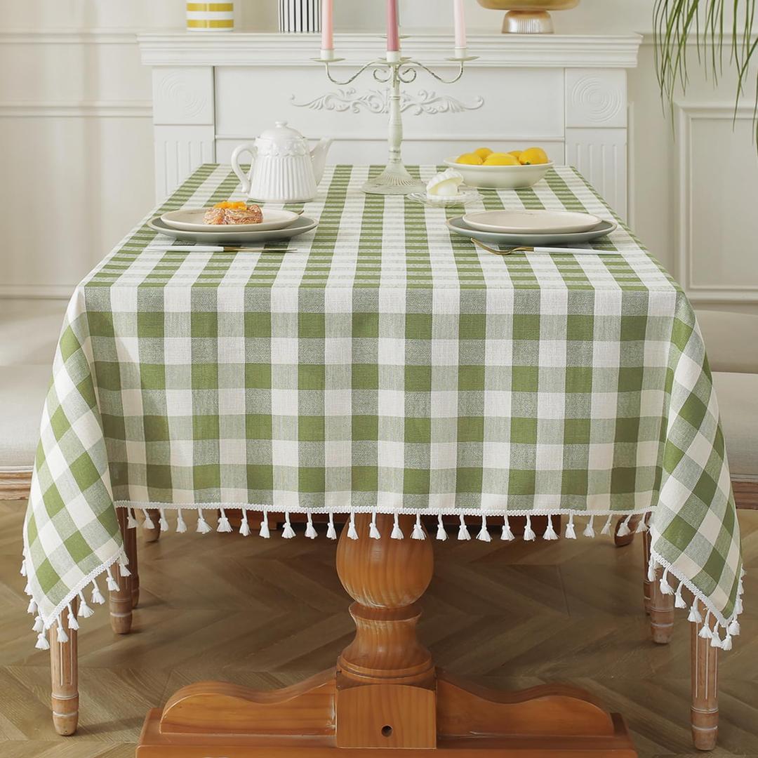 Laolitou Spring Checkered Tablecloth Rectangle Washable Heavy Duty Buffalo Plaid ST Patricks Day Table Cloth with Tassel Cotton Linen Gingham Table Cover for Picnic Kitchen Dining Room, Green, 70 Inch (70" x 55" (Rectangular)