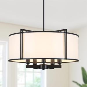19.6'' Black Drum Chandelier 5-Light Modern White Fabric Chandeliers for Dining Room Adjustable Farmhouse Pendant Light Fixture for Kitchen Island Living Room Bedroom