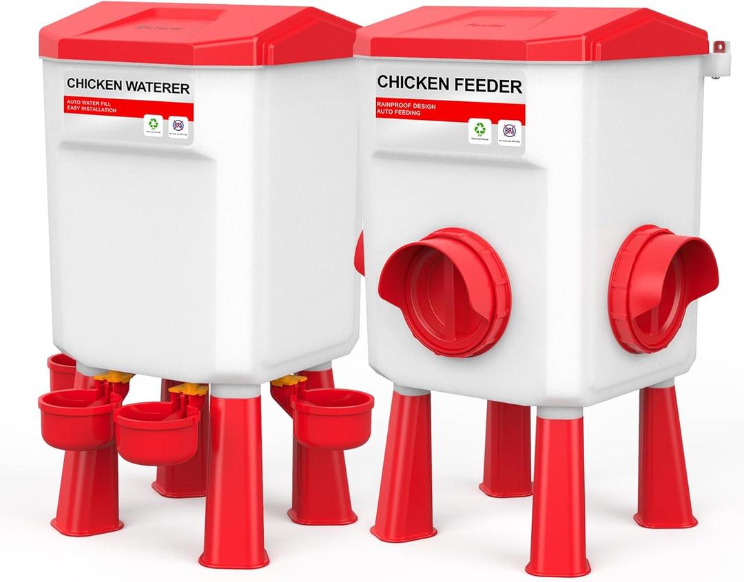 Chicken Feeder and Waterer Set, Chicken Coop Accessories with Hanging Chicken Feeder and Hanging Chicken Waterer Kit, 3 Gallon/26 Pounds, Red (12kg / 11L)