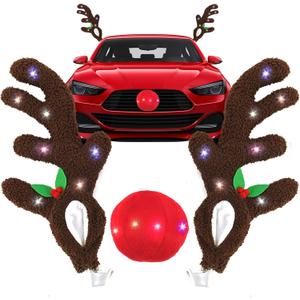 HOMEYA Christmas Reindeer Antlers & Nose for Car with Multicolor Lights, LED Christmas Reindeer Antler Car Kit, Rudolph Outdoor Christmas Decorations Accessories, Decor for Vehicles Truck SUV Van MPV