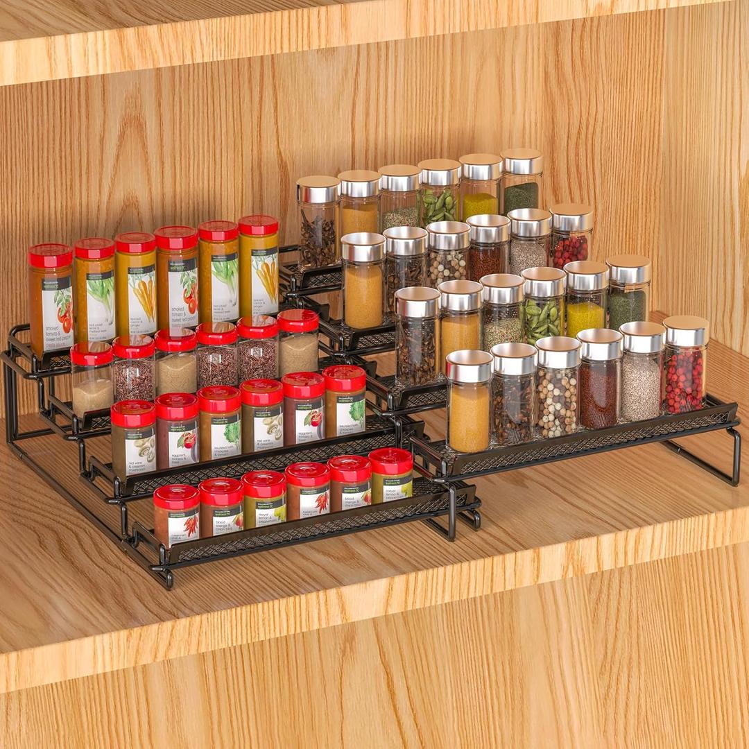 4 Tier Adjustable Spice Rack Organizer for Cabinet - Black (2 PCS S&L) Expandable Spice Shelf with Protection Railing for Inside Cabinets, Countertop, Pantry Storage & Seasoning Organization
