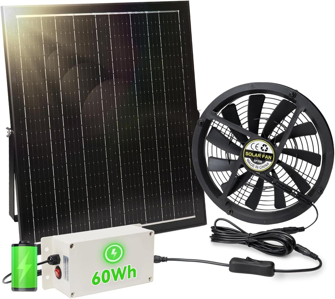 Solar Exhaust Fan with Battery, 40W 10" Solar Powered Fans for Greenhouse with 60Wh Battery Run Day & Night, Solar Vent Fan for Shed Chicken Coop Dog House Outside, Waterproof & Low Noise