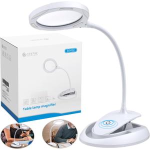 eSynic Magnifying Glass with Light and Stand USB-C Rechargeable 5X &10X 110mm Large Len 15 LEDs 3 Brightness Levels Flexible Desktop Magnifier Lamp with Clamp & Base for Reading Crafts Jewelry Repair