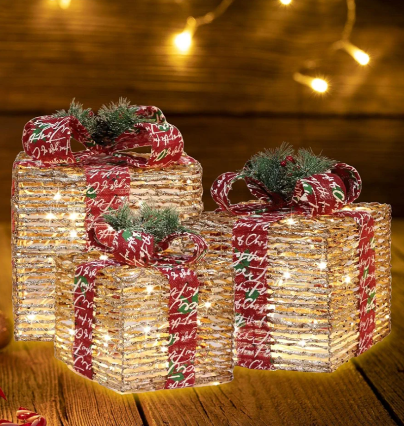 FurniCleevor Large Lighted Gift Boxes Outdoor  34.5" Stacking Boxes Set of 3, PreLit with 200 Warm White LEDs, Plugin UL Certified for Yard & Indoor Holiday Decorations