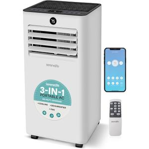 SereneLife 10,000 BTU Portable Air Conditioner with WiFi Control, 3-in-1 Cooling, Dehumidifier & Fan, Compact Indoor AC Unit for 450 Sq. Ft. Coverage, Includes Window Exhaust Kit & Remote (White)