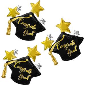4 x 3pcs Black Graduation Cap Star Balloons | Congrats Grad Cap Balloons for Graduation Party Decorations