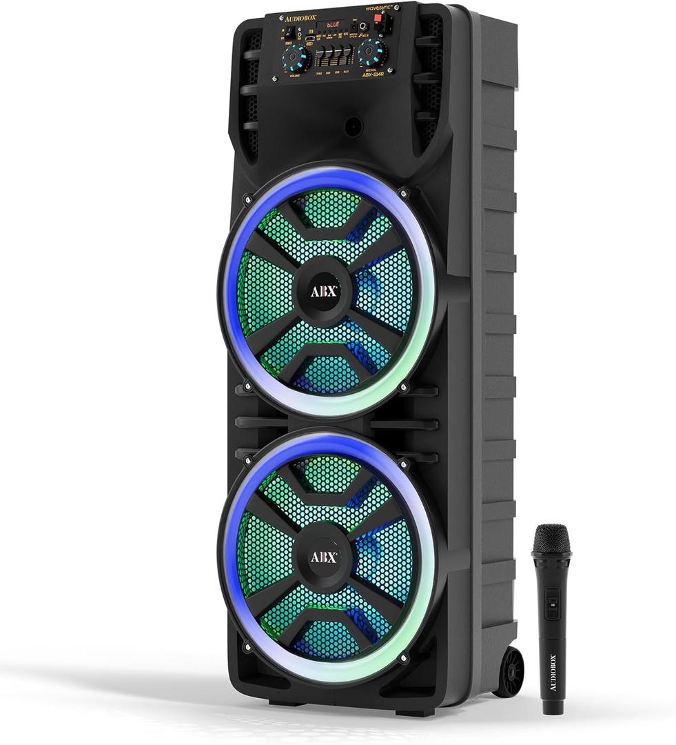 Audiobox ABX-214R Dual 12" Portable Bluetooth Speaker, Lightweight but Loud with BASS, RGB Party Lights, Wireless Microphone, Volume, Treble & Bass Controls, 37-Inch Tall