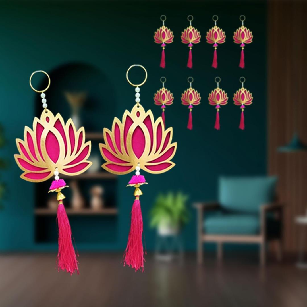 Lotus Hangings for Decoration, Floral Wall Hangings for Temple Dcor, Pooja Room, Gift Ready Packaging, Pack of 8 (4x8 INCH)