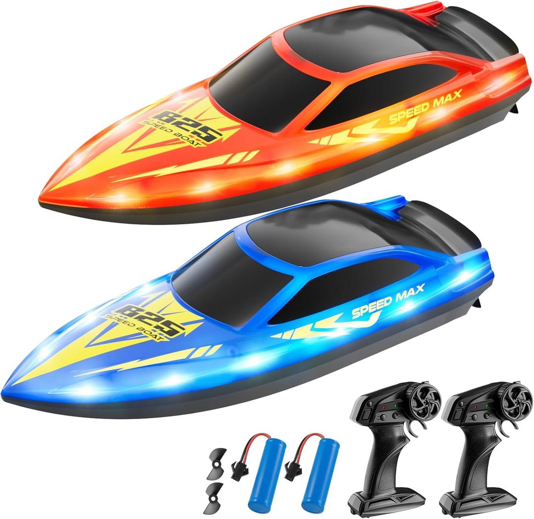 Remote Control Boat for Kids, RC Boat for Pool, Lake, River and Pond with LED Lights, Self-Righting, Waterproof, Fast Speed Racing Electric Boats 2 Speed Modes 60mins Rechargeable Batteries