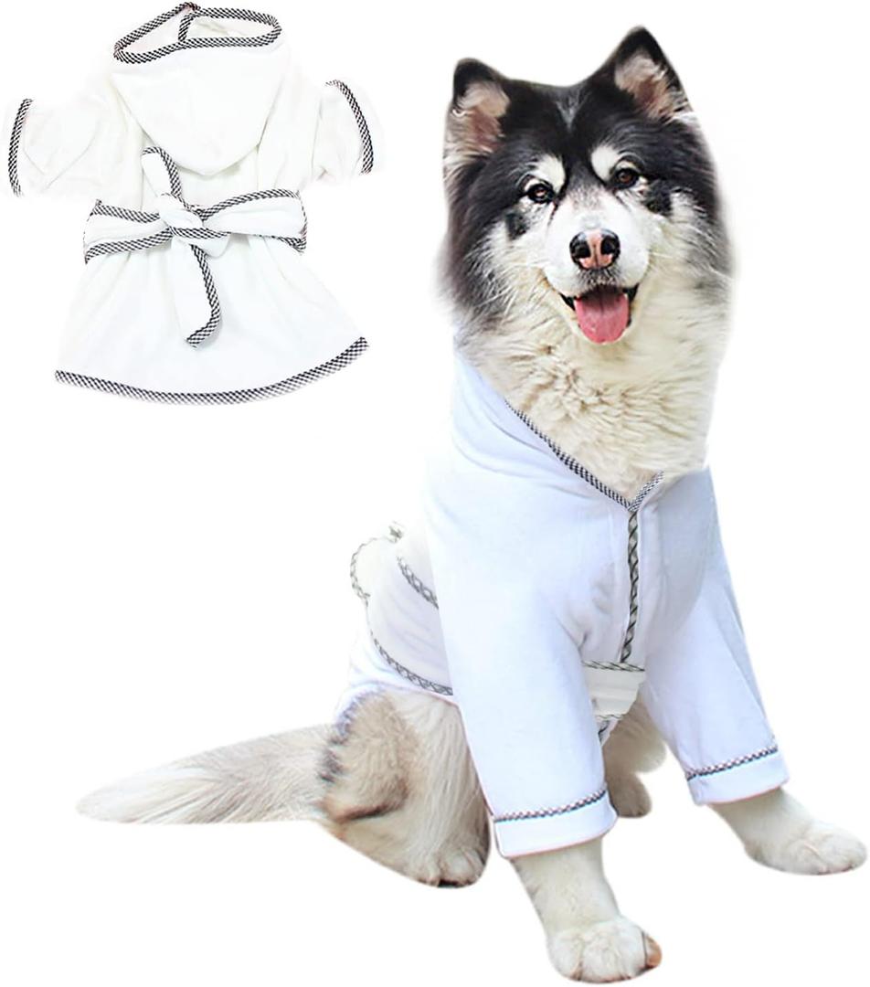 Dog Bathrobe, Microfiber Fast Drying Absorbent Hooded Bath Towel White for Puppy Small Medium Large Dog Cat (3XL, White) (3XL:75-100LB (1st Generation))