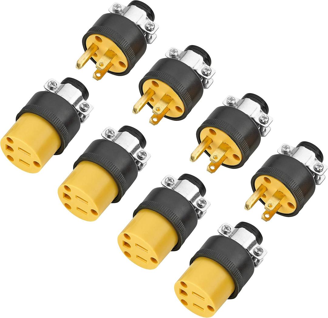 Extension Cord Electrical Wire Repair End 15 Amp, 125 Volt | 4 Sets Male Female 3-Prong Grounding Replacement Connectors Set | Safety-Rated Connection | Triple-Drive Screws for Easy Installation. (Yellow/Black)