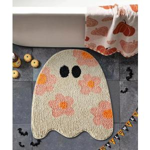 Cute Ghost Shaped Halloween Bath Mat Boho Vintage Floral Funky Halloween Bath Mat for Bathroom Aesthetic Decorations, Modern Abstract Cool Gothic Spooky Spirit Bathroom Rugs Non-Slip Washable (20''W x 24''L, Khahi)