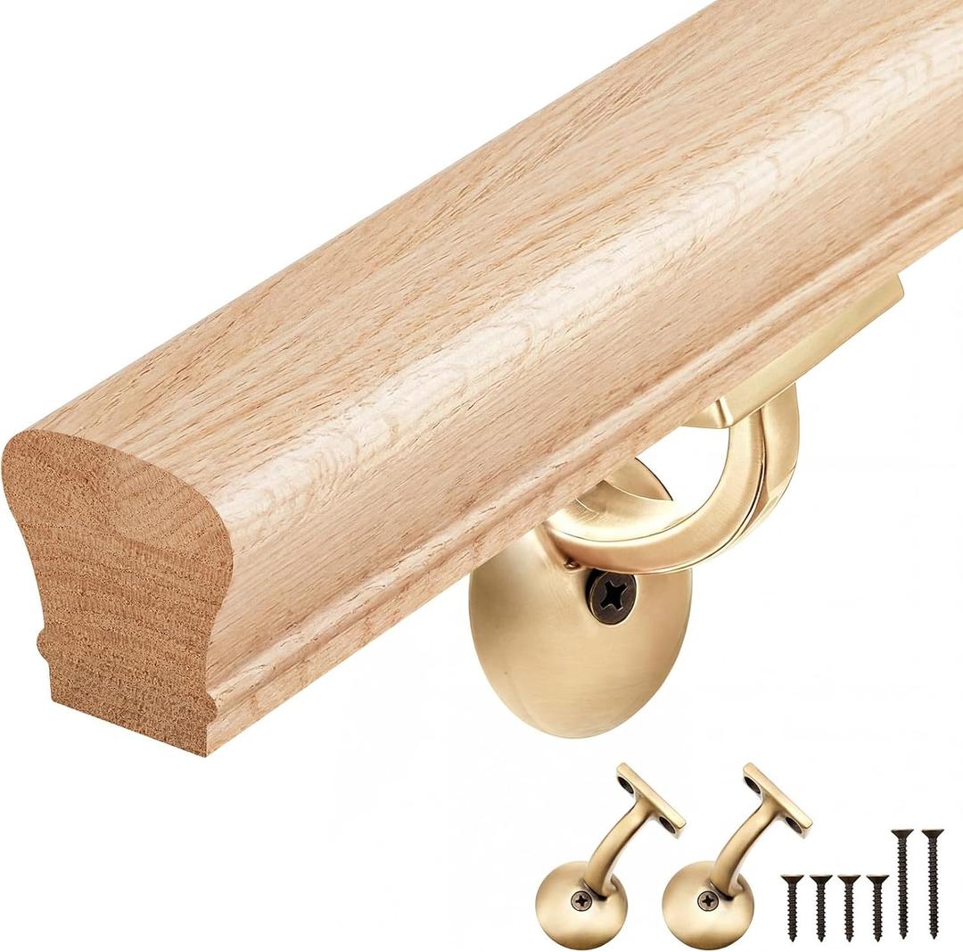6084 Red Oak Straight Wood Handrail Kit 7 ft for StairsDual Use Wall Mount & Railing Post Compatible, Indoor Wood Staircase Handrail for Home, Corridor, Loft(Brass, Tapered)