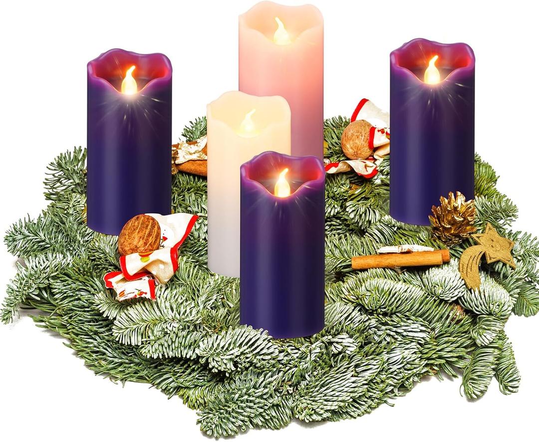 Cindeer 2 x 4 Inch Flameless Advent Candles Set of 5 LED Advent Pillar Wreath Candles Battery Operated Purple Pink Flameless Votive for Seasonal Celebration Rituals Festival Church Decoration