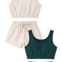 GORGLITTER Summer Outfits for Women 2025 Vacation Beach 4 Pieces Crop Tank Top and Shorts Matching Sets Size Medium, Blue/Beige 