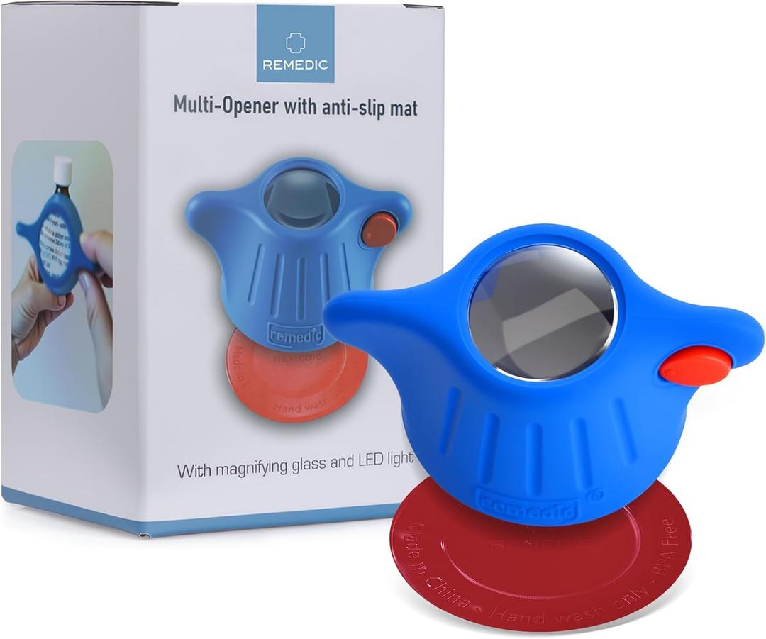 Remedic Medicine Bottle Opener with Magnifier & LED Light  Easy Grip Aid for Weak Hands  Non-Slip Mat for One-Handed Use  Arthritis-Friendly Multi-Opener  Senior Care Tools