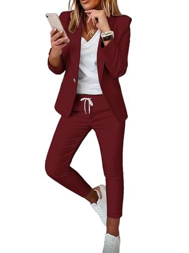 CHICME Womens Suits 2 Piece Set Notched Collar Blazer and Drawstring Pants Suits Set Casual Business Outfits-dr-XXL