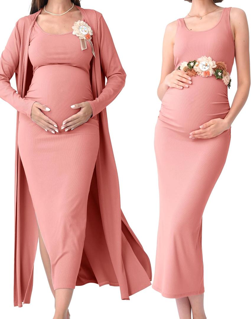 Rnxrbb 2 PCS Summer Fall Maternity Dresses Long Cardigan Set for Women (S)