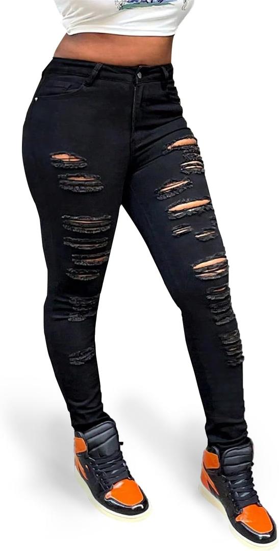 Women's Ripped Skinny Jeans Slim Fit Stretch High Waisted Butt Lift Tummy Control Distressed Denim Pants (X-Large, Black)