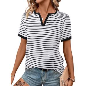 LilyCoco Women's Striped Shirt Short Sleeve Color Block Tops Notched Neck Summer Tee White Large (White, L)