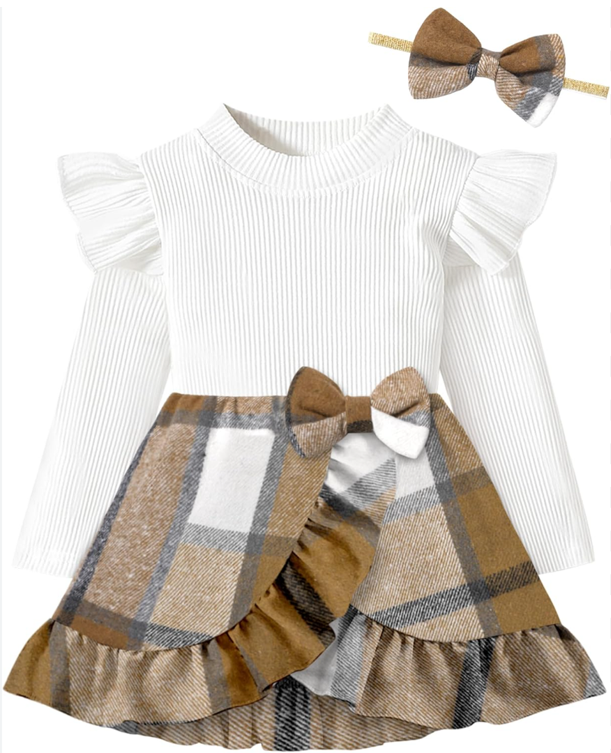 Baby Girls Autumn Outfit Sets Solid Color Long Sleeve Ruffle Romper + Plaid Skirt with Belt Size 0-3 M