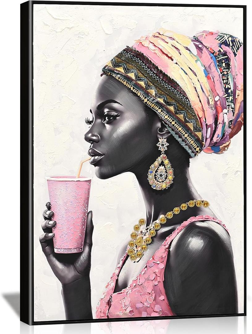 DRLWGTY Framed Wall Art, African Style Elegant Woman Canvas with Handmade Crystals and Gemstones, Large Modern Artwork Ready to Hang for Bedroom Living Room Decor, 36"L x 24"W
