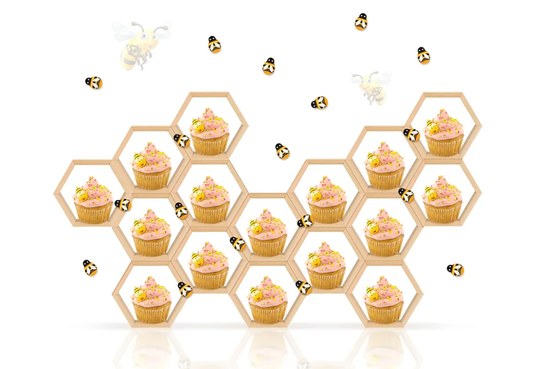 12 Pcs Mini Honeycomb Cupcake Stand Cake Farmhouse Hexagon Display Holder Hexagonal Wood Cupcake Stand Floating Table Sign with 50 Tiny Wooden Bee for Baby Shower (Wood Color)